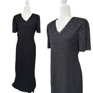 Vintage 80's Laurence Kazar formal Beaded Gown Maxi Dress in black Large
